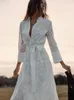 Robes décontractées Femmes élégantes broderie maxi taille haute évider 2024 automne robe à manches longues à lacets solide blanc midi robes
