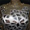 Stage Wear Sparkly Gold Rhinestones Mirror Bodysuit Sexy Nightclub Bar Dance Leotard Performance Women Crystals Tights Costume