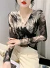 8843 Spring Tie Dye Mesh Black Long Sleeve T Shirt Women Vneck Sexy Vintage Short Tshirt Female Tight Wrap Tshirt Elastic 240124