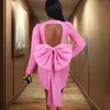 Casual Jurken Luxe Roze Voor Vrouwen Ronde Hals Volledige Mouw Backless Grote Strik Versieren Effen Knielengte Elegante Vrouwelijke Verjaardag jurk