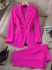 Fashion Pink Green Black Ladies Work Wear Pant Suit Women Female Button Decoration Formal Jacket Blazer and Trouser 2 Piece Set 240127