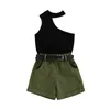 Kleidung Sets Mädchen Sommer Kleinkind Baby Feste Farbe One Schulter Rippen Top Shorts Belt Outfit Kinder Kinder 3pc Anzug