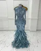 Custom Size Luxury Blue Mermaid Evening Dresses With Feather Pearl Crystal High Neck Gowns Sweep Train Party Gown Robe De Soiree Plus Size Special Prom Occasion