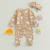 Citgeett Autumn Infant Baby Girl Footed Jumpsuit Cartoon Floral Print Long Sleeve Zipper Romper Bow Headband Clothes 240119