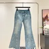 Designer Women's Jeans Rhinestone Craft Logo High Waist Slim Washed Straight Leg Micro Flare Jeans