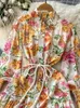 Casual Dresses 2024 Holiday Floral Loose Mini Dress Women's Turtleneck Long Lantern Sleeve Tassles Lace Up Flower Print Chiffon Vestidos
