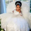 African White Ivory Flower Girl Dresses for Bride Jewel Long Sleeves Appliqued Beaded Lace Tiered Tulle Flowergirl Dresses Little Kids Birthday Party Gowns F082