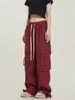 Pantalones para mujer Qweek Harajuku Vintage Red Cargo Mujeres Oversize Hip Hop Streetwear Bolsillos Pantalones negros Retro Pierna ancha Táctica Inferior