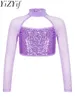 Stage Wear Girls Jazz Dance Tops Shiny Sequins Long Sleeve Round Collar Crop For Kids Hip Hop Ballet Dancewear Performance