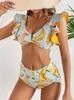 Mulheres de banho 2024 sexy cintura alta bikini conjunto plissado impressão floral bandeau maiô com tiras mulheres fatos de banho beachwear biquini
