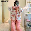 Women's Sleepwear Korean Pyjamas Warm Night Wear Strawberry Print Women Pajamas Set Winter Fleece Velvet 2 Pieces Home Suit Sleep Fluffy