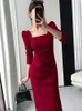 Casual Dresses Summer Spring Elegant BodyCon Midi Dress Fashion Office Lady Long Sleeves Solid Color Robe Simple Slim Party Clothes