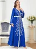 Ethnic Clothing Abayat Emberoidery Maxi Dresses Ladies V-neck Long Sleeve Belted Kaftan Turkish For Women Jilbab 2024 Autumn