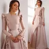 Party Dresses Blush Pink Muslim A Line Evening Jewel Neck Long Sleeve Beading Formal Gown Floor Length Satin Abric Dubai Gowns