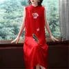 Casual Dresses Women Chinese Style Brodery Flower Vintage Elegant Party Summer Fashion Sleeveless Loose Irregular Midi Dress Vestido