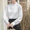 Women's Blouses QOERLIN Spring Fall Chinese Style Silk White Shirt Women Stand Collar Long Sleeve Slim-Fit Casual Top Blouse Female