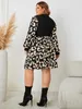 Autumn Long Sleeve Printed Patchwork Plus Size Dress O-neck Office Lady Casual Sweater Dress Belt Polyester Women Clothing 240202