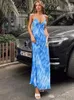 Casual Dresses Sexy Backless Print Dress Women V Neck Sleeveless Tie Dye Slim Vacation Beach Long 2024 Summer Party Street Lady Robe