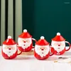 Canecas 450ml Creative Cartoon Santa Claus Caneca Cerâmica com Tampa Colher Copo Portátil Chá Café Presentes de Natal Home Drinkware