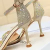 Kvinnor Summer Sandals 85 cm High Heels Rhinestone Crystal Middle Heels Ankel Strappy Sandles Lady Wedding Event Party Gold Shoes 240129
