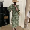 Vestidos de festa Korejpaa elegante retro floral impressão vestido mulheres chique lanterna manga em torno do pescoço rendas até cintura alta outwear verão casual