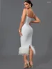 Casual Dresses Feather Bandage Dress Women White Bodycon Evening Party Elegant Sexy Midi Birthday Club Outfits 2024 Summer Fashion