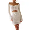 Casual Kleider Frauen Y2k Häkelstrick Cover Up Kleid Low Cut Tie-up Langarm Ausschnitt Bodycon Mini Sommer Strand Party