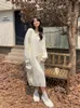 Deeptown Koreaanse Stijl Midi Gebreide Jurk Vrouwen Franse Elegante Uitsnede Lange Mouw Winter Jurken Casual Wit Vestidos 240202