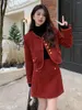 Two Piece Dress UNXX Christmas Red Chic Padded Two-Piece Set For Women - Autumn/Winter Thickened Tweed Short Jacket And Skirt High Quality