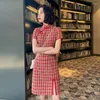 Etnik Giyim Yaz Şerit Vintage Desenleri Pamuk Qipao Ekose Elbise Cheongsam Çin Modern 2024 Geliştirilmiş Retro