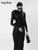 Casual Dresses Hawthaw Women mode långärmad bodycon streetwear backless svart klänning 2024 vår höst grossist föremål för företag