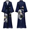 Kvinnors sömnkläder Kvinna Long Robe Nightdress Print Flower Half Sleeve Kimono Bathrobe Gown Loose Casual Satin Home Dress Loungewear