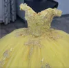 Yellow Shiny Princess Ball Gown Quinceanera Dresses Off Shoulder Lace Appliques Beads Vestidos De 15 Anos Sweet 16th Dress