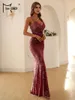 Casual Dresses Missord Fashion 2024 Sexy Women Party Maxi Bridesmaid V-Neck Sequin Backless Split lår kväll elegant årsklänning