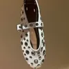 Genuine Leather Hollow Out Ballet Flats Women Shoes Buckle Strap Rivet Spring Summer Flat Shoes For Woman