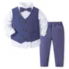 Set di vestiti da gentiluomo per neonato Completo in cotone autunnale per bambini Camicia bianca con papillon Pantaloni gilet Abiti formali per ragazzi nati 240202