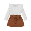 Ensembles de vêtements 1-8Y enfants filles automne vêtements ensemble bébé couleur unie à manches longues à volants côtelé hauts en tricot ceinturé mini jupes enfants tenues