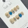 Azul artesanal coreano curto imprensa em unhas cobertura completa unhas profissionais oceano redondo acrílico reutilizável adesivo unhas falsas dicas 240129