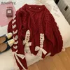 Frauen Pullover Rot Chic Lace-up Pullover Für Frauen Süße Mädchen Gestrickte Herbst Winter Stilvolle Ästhetische Kleidung Vielseitige weibliche