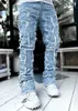 Męskie dżinsy drukowane rozciągnięte ułożone patchwork frędzle uszkodzone spodnie dla mężczyzn High Street Hip-Pop Pełna długość dżinsowych spodni