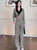 Women's Two Piece Pants Insozkdg Women Vintage Contrast Blazer Wide Leg Two-piece Set Commuting Solid Double Breasted Suit Professional Sets