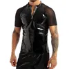 Homens camisetas Homens Camisa Brilhante Wetlook Patent Couro Mangas Curtas Verão Sexy T-shirt Sheer Malha Zipper Camisetas Tops Clubwear Casual