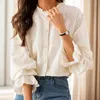 Damesblouses Ruches Geborduurd Opstaande Kraag Damesblouse Modeontwerp Kanten overhemd met lange mouwen Vrouwelijk Los Elegant Casual Tops Blusa