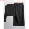 Womens Blazer and Skirts Suit Female Winter High End Shiny Thick Fabric Office Clothes Ladies Jacket Long 2 Pcs 240202