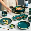 Plates 8PCS Ceramic Dinner Set Dishes Steak Dessert Plate Green Dinnerware For Family El Kitchen