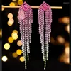 Boucles d'oreilles pendantes colorées pour fête de mariage, longue frange, strass, pompon, DK15