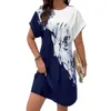 Casual Dresses Round Neck Floral Dress Flower Print Midi For Women Soft Pullover Kne Längd Spring Fall Fashion With Color Matching