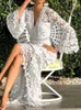 Vestidos casuales encaje ahueca hacia fuera vestido largo mujeres blanco floral femenino profundo cuello en v sexy damas manga verano elegante boho