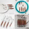 Dinnerware Sets 24Pieces Laguiole Cutlery Set Wood Handle Tableware Stainless Steel Steak Knives Wooden Japanese Dinnerware Kitchen Ac Dhrxz