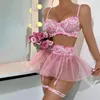 Conjuntos de sutiãs romântico rosa roupa interior conjunto bordado flores perspectiva renda lingerie íntima feminina sutiã e calcinha 3 peças esteticismo